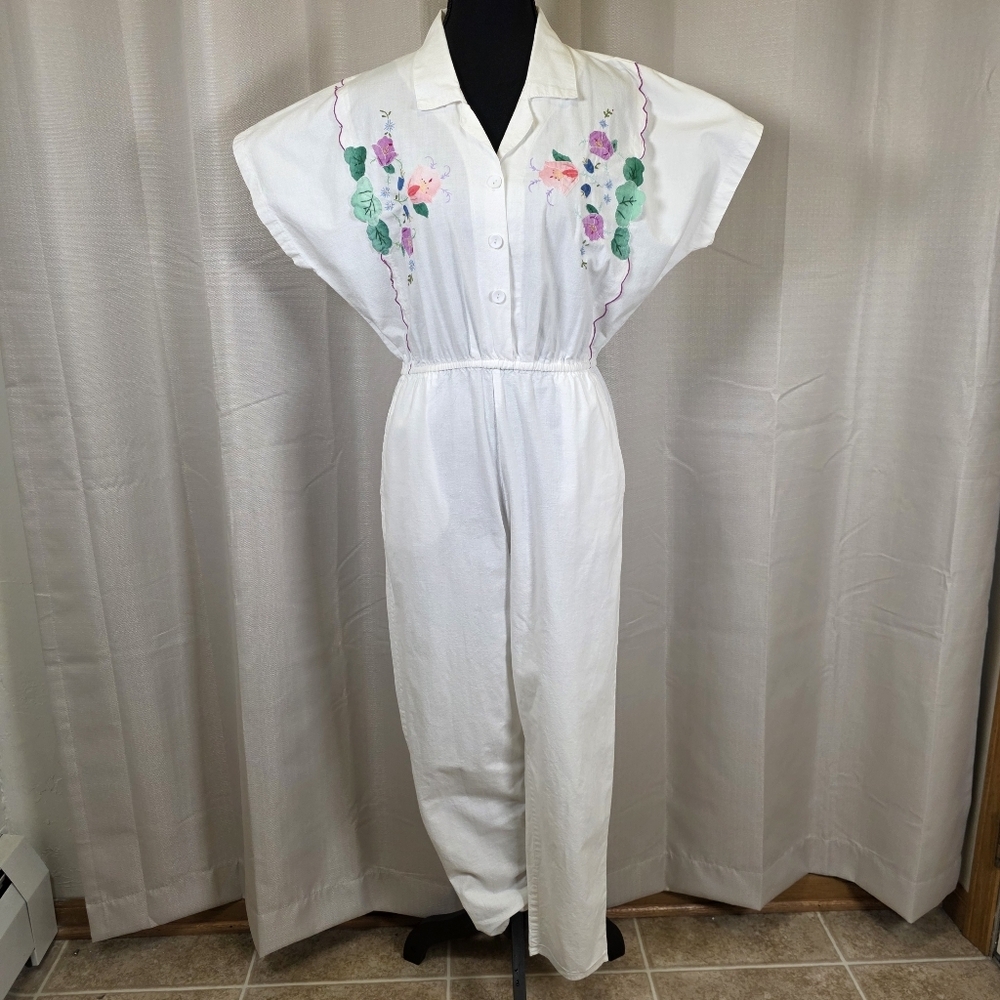 Vintage Dragonfly Embroidered Jumpsuit White Cottagecore 80s 90s Medium